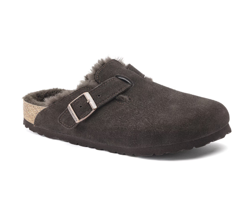 BIRKENSTOCK BOSTON SHEARLING MOCCA, SUEDE LEATHER